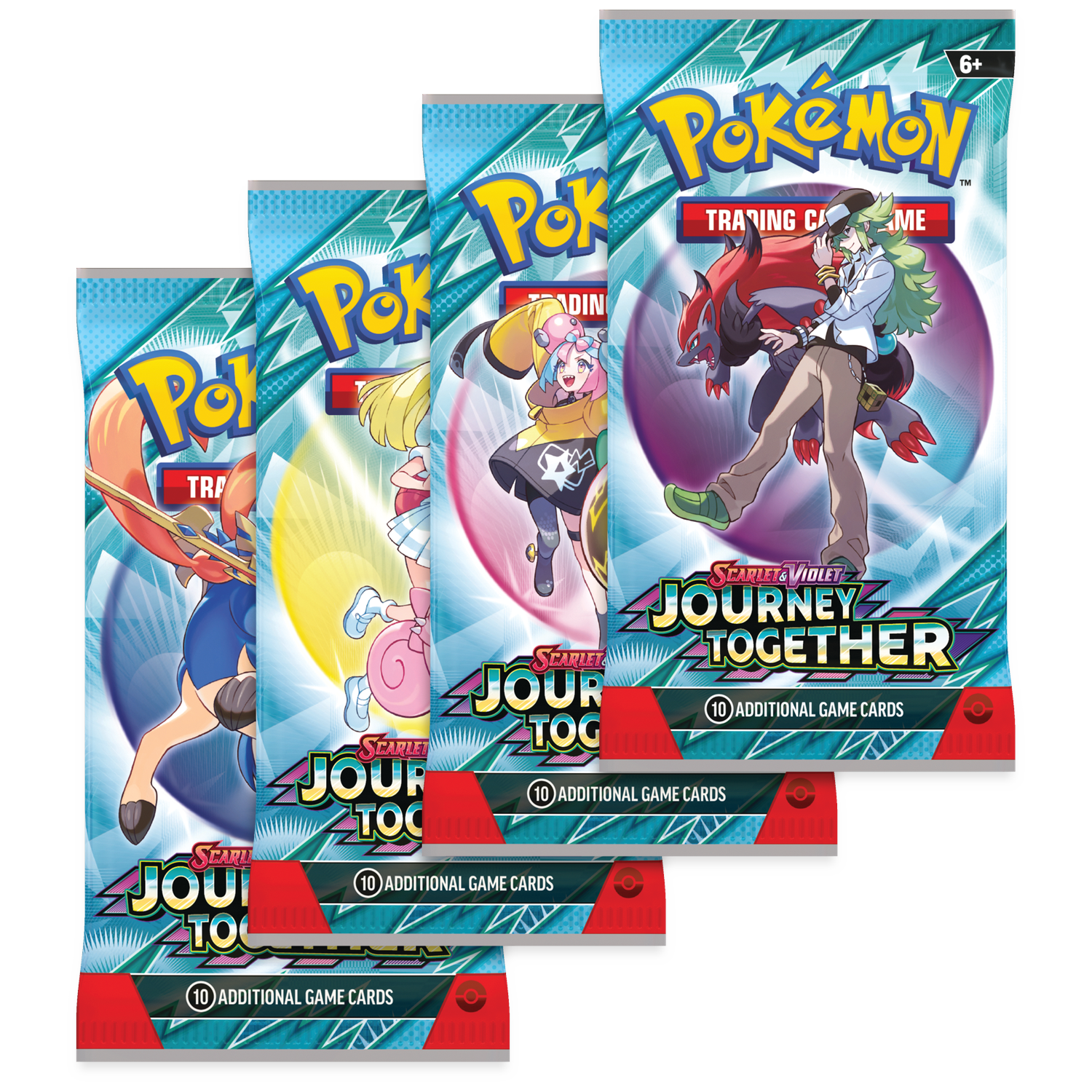 Vier Pokémon Scarlet & Violet ruilkaartpakketten met personages en wezens.