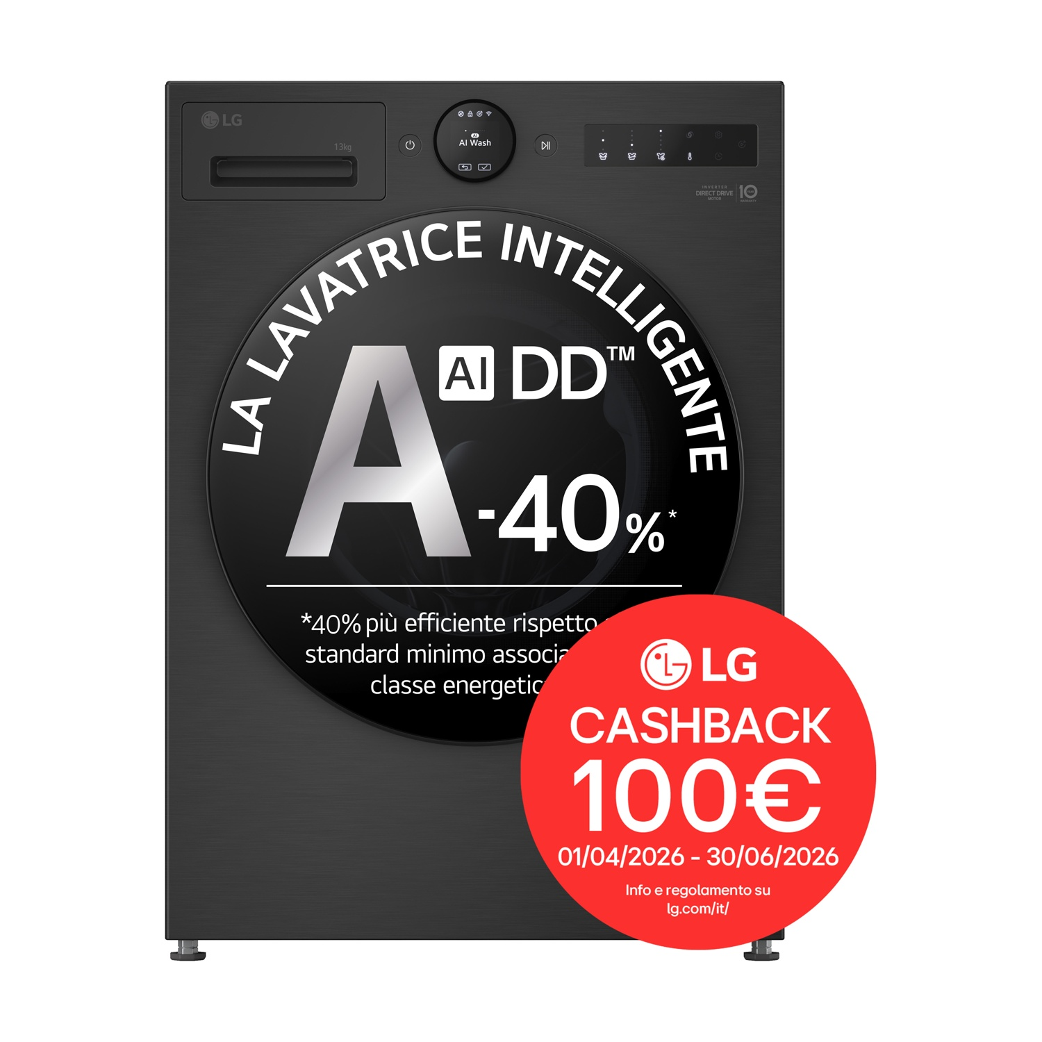 Lavatrice LG nera classe A con cashback di 100€.
