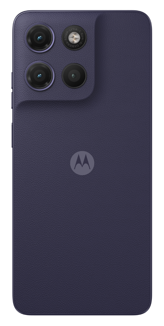 Ciemnoniebieski smartfon z czterema aparatami i logo Motoroli.