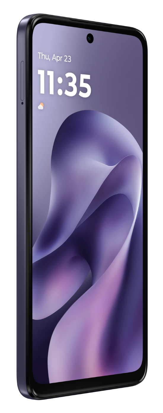 Ciemny smartfon pokazujący 11:35 z fioletową abstrakcyjną tapetą.