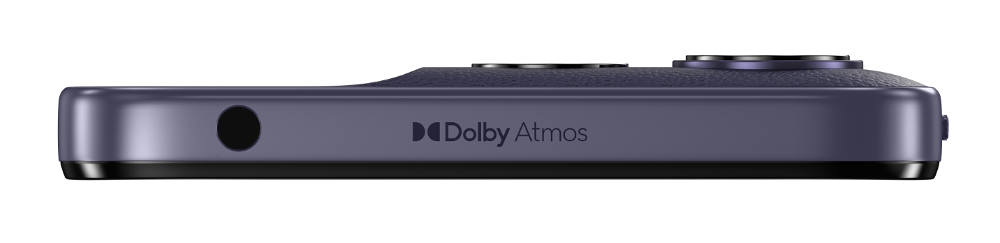 Fioletowe urządzenie z logo Dolby Atmos i gniazdem słuchawkowym.