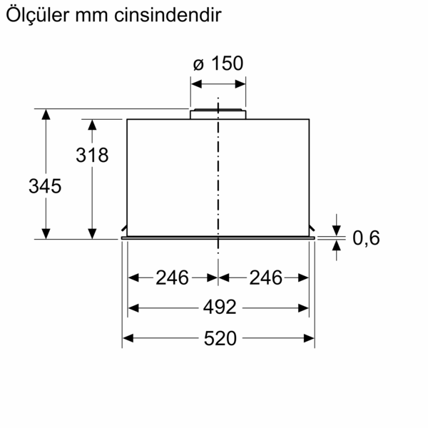 Silindirik bir nesnenin boyutlarını gösteren teknik çizim.