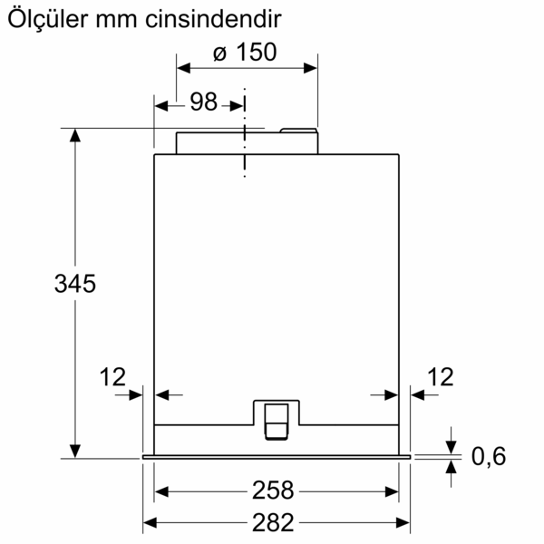 Teknik resim, mm boyutlarında. Yuvarlak köşeli dikdörtgen bir nesne.