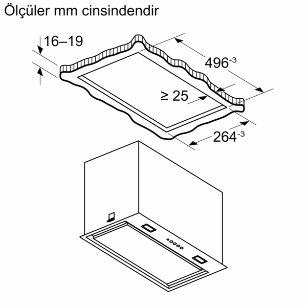 Boyutlu bir davlumbazın teknik çizimi.