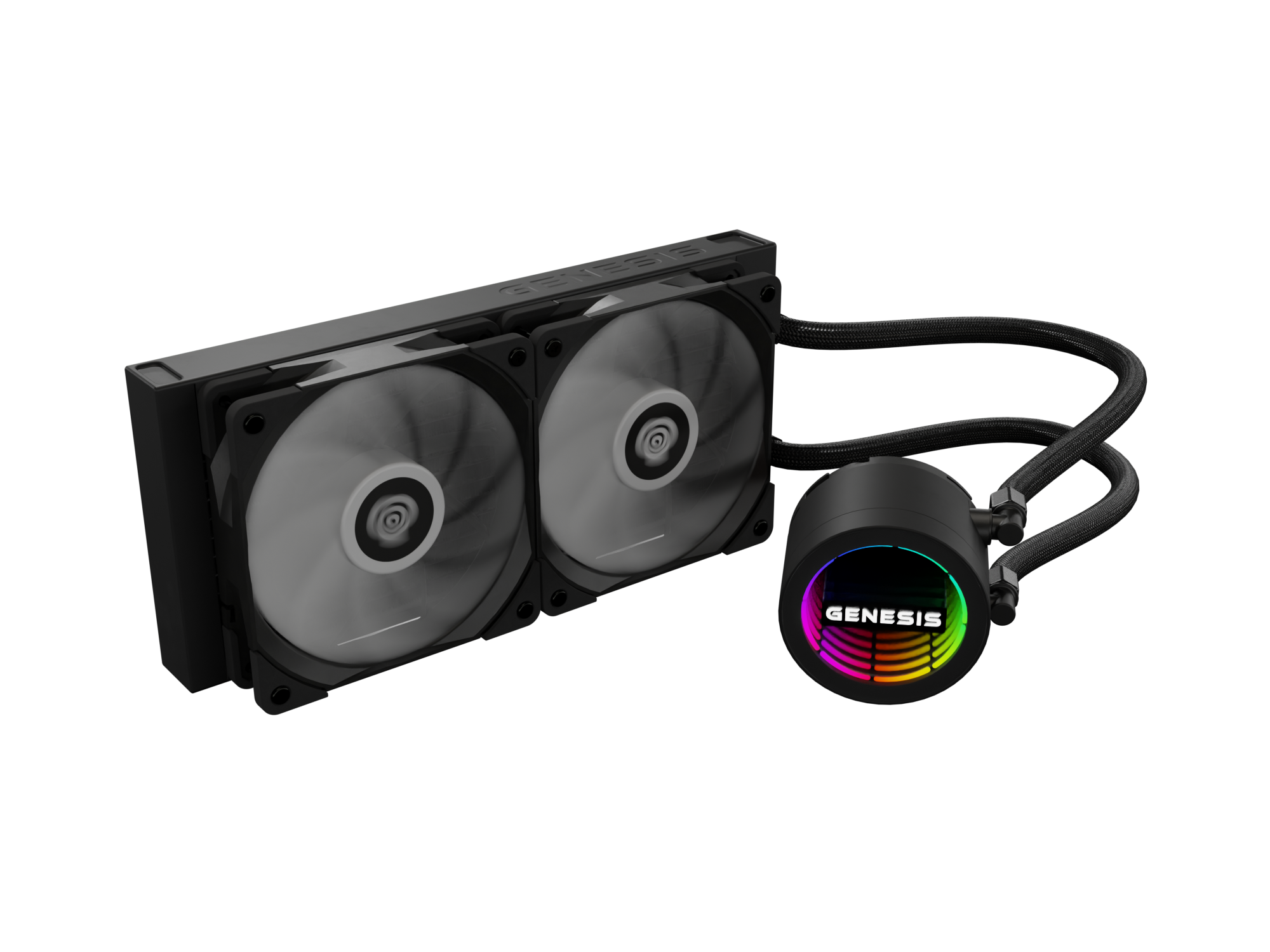 Czarny cooler CPU z dwoma wentylatorami i podświetlaną głowicą pompy z logo GENESIS.
