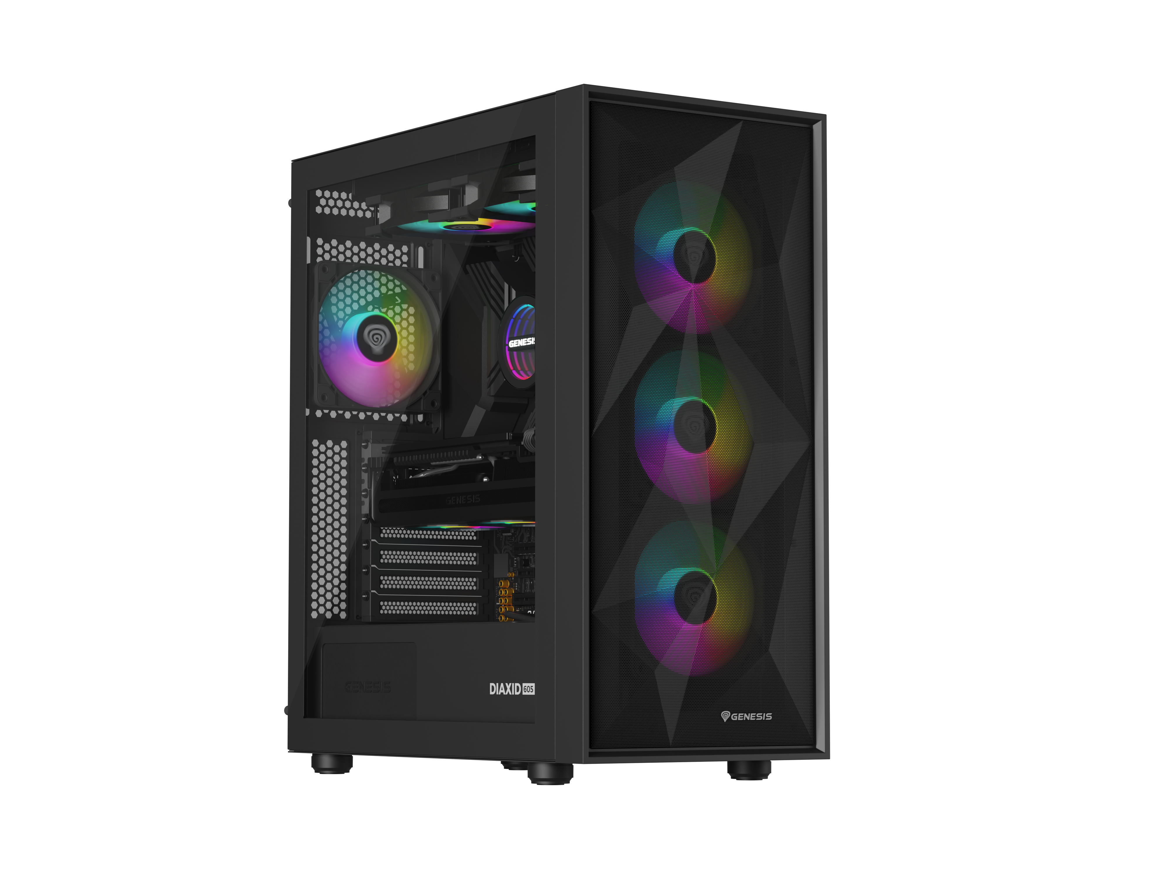 Czarna obudowa PC z szklanym frontem i wentylatorami RGB, logo Genesis.