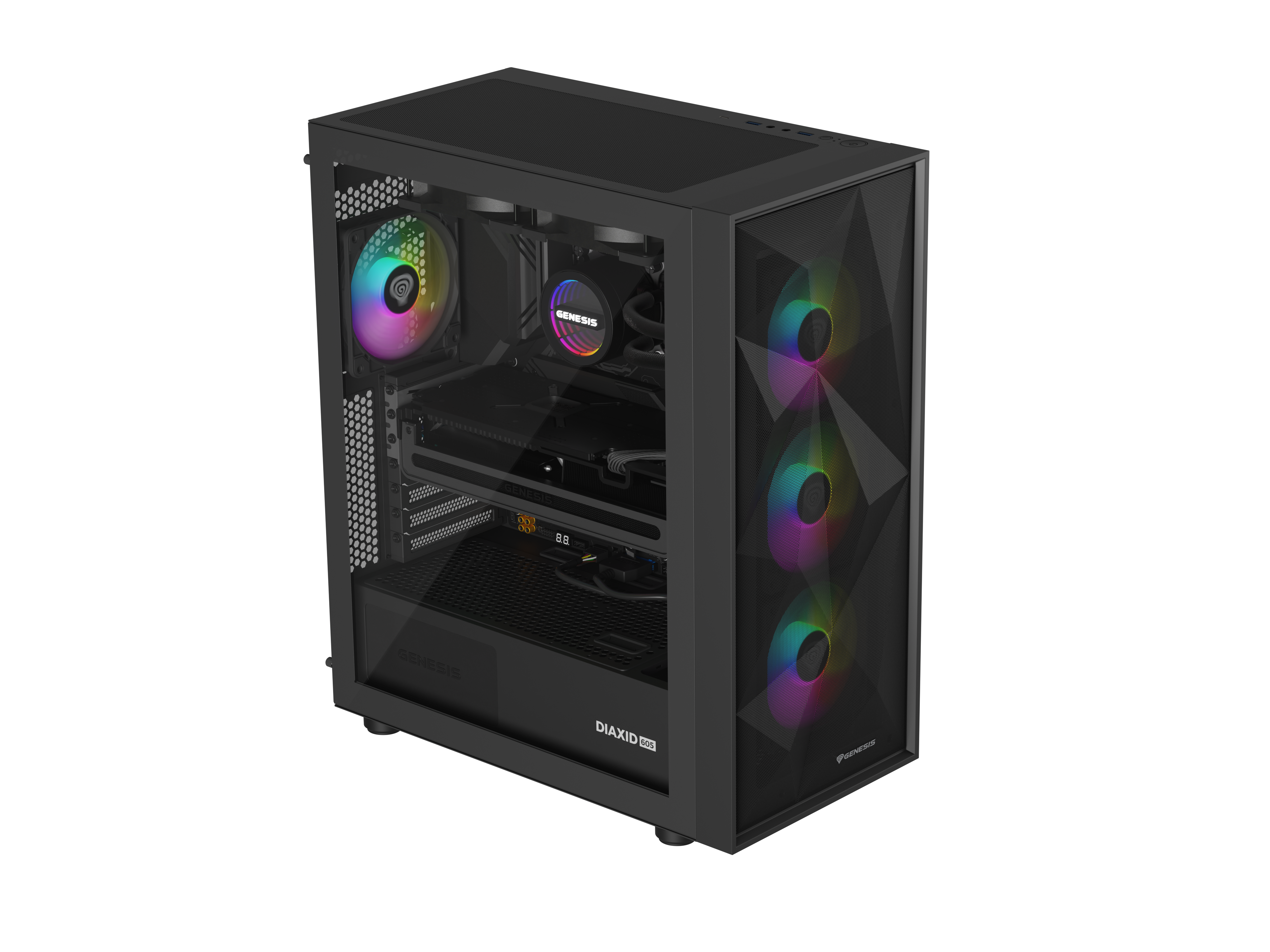 Czarna obudowa komputera z szklanym frontem i wentylatorami RGB. Widoczne podzespoły.