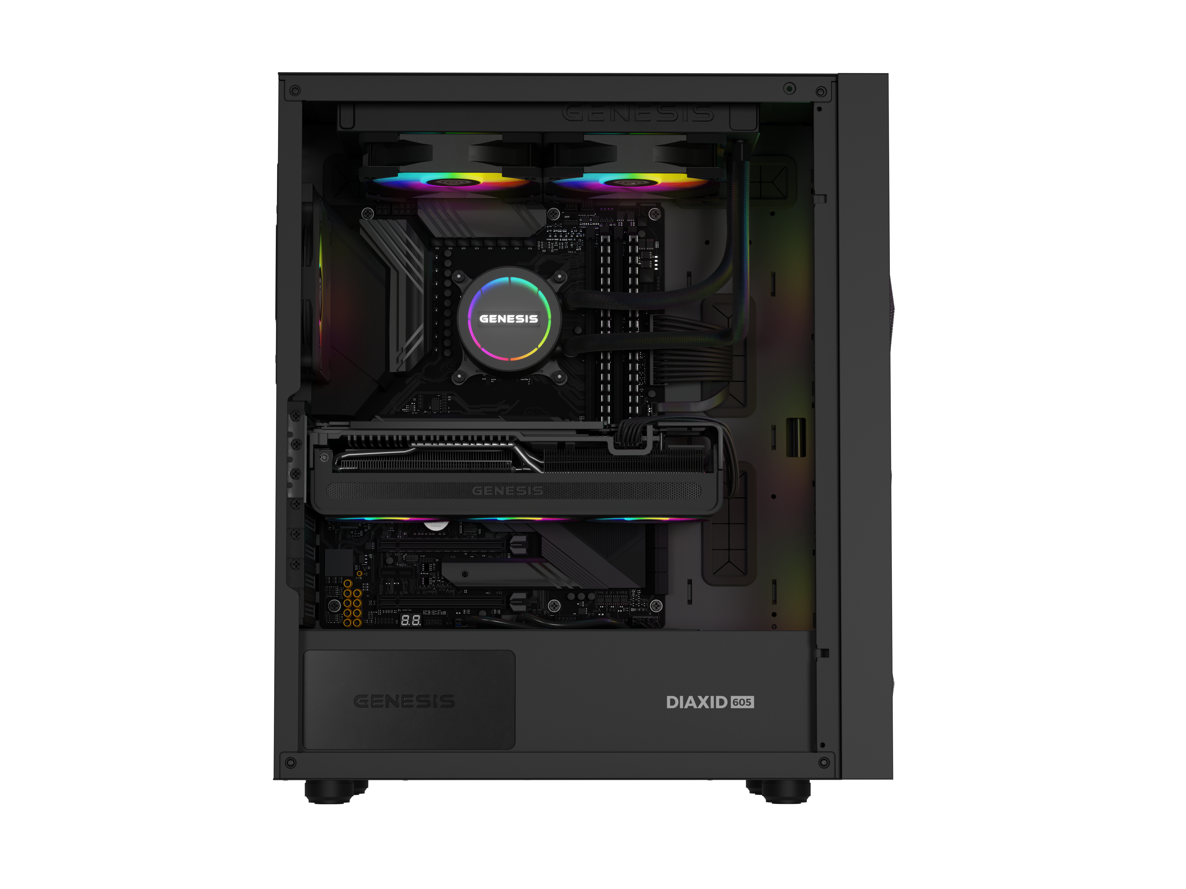 Otwarta obudowa komputera z wentylatorami RGB, chłodzeniem procesora, kartą graficzną i płytą główną.