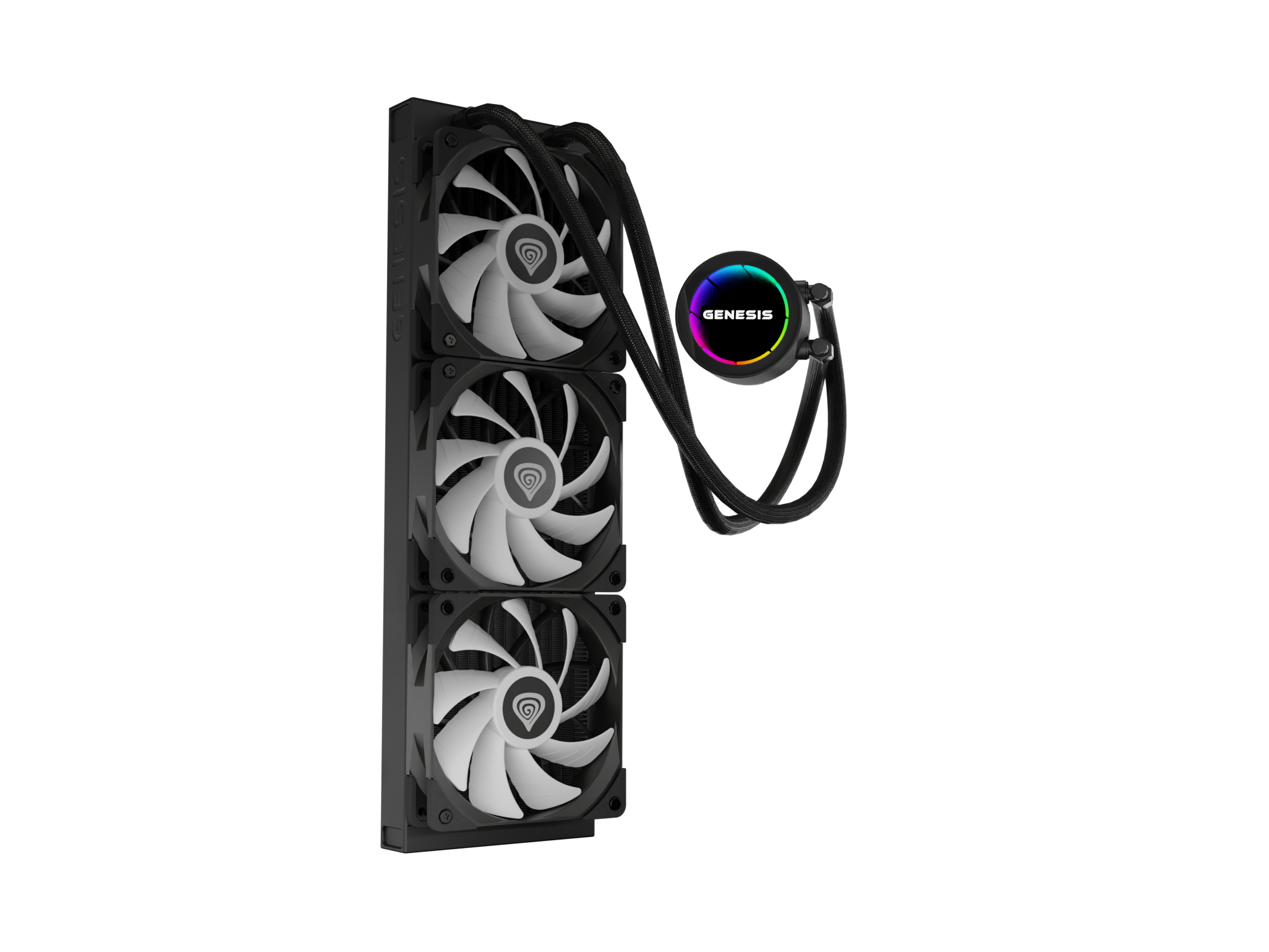Czarna chłodnica PC z trzema wentylatorami i okrągłą jednostką podświetlaną RGB.