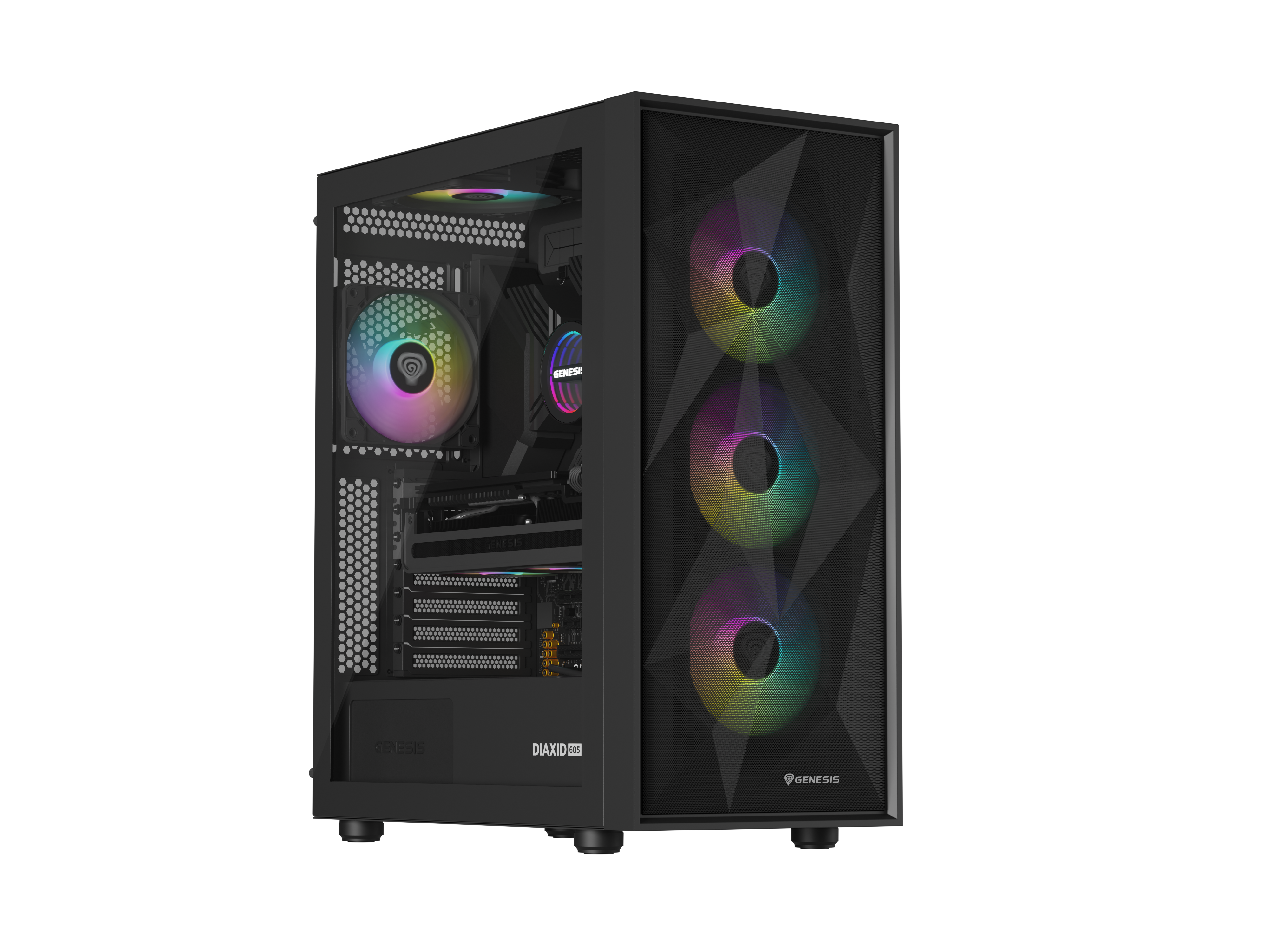 Czarna obudowa komputera z wentylatorami RGB i szklanym panelem bocznym.