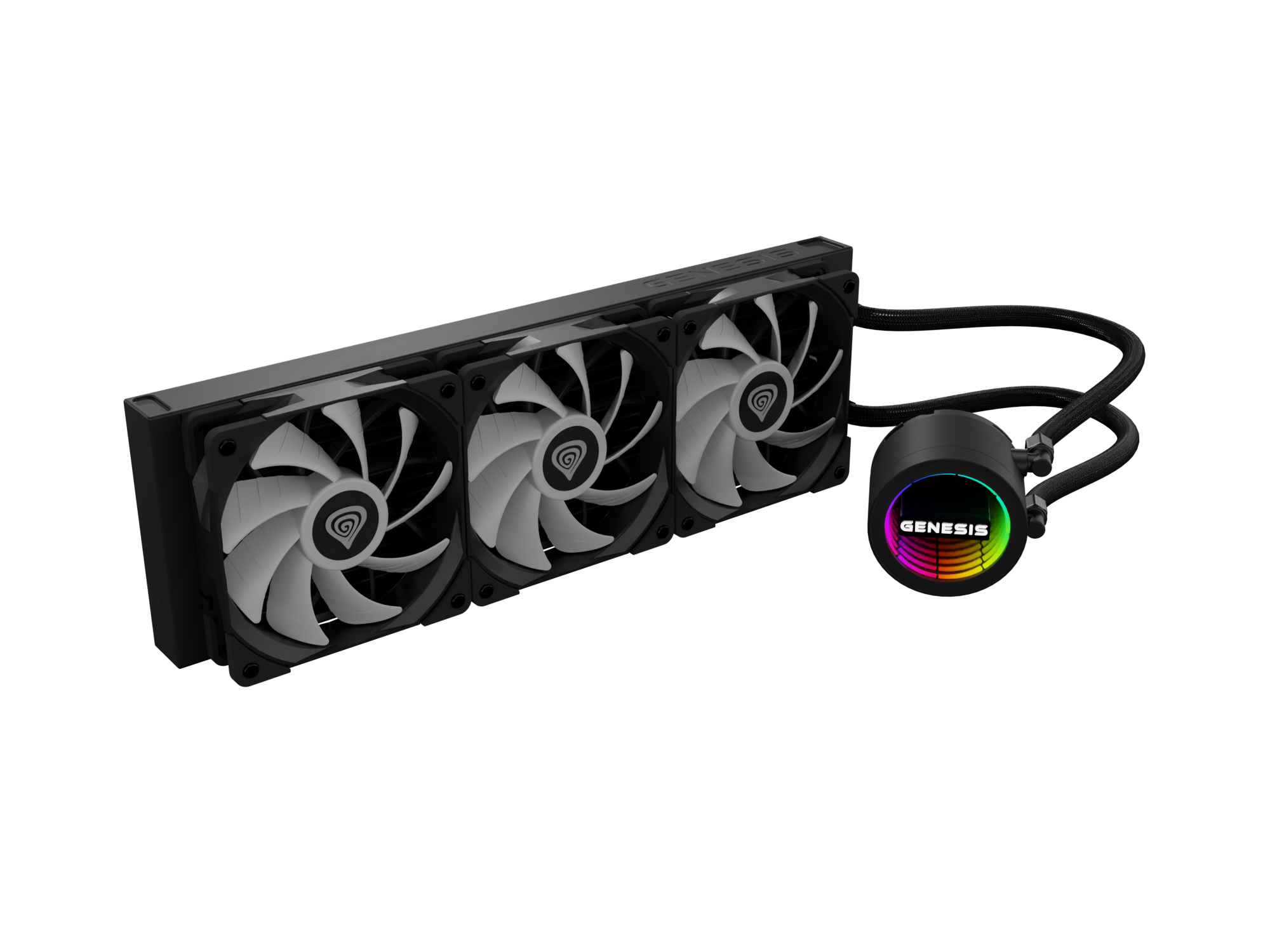 Czarna chłodnica CPU z trzema wentylatorami i podświetlanym logo Genesis na pompie.