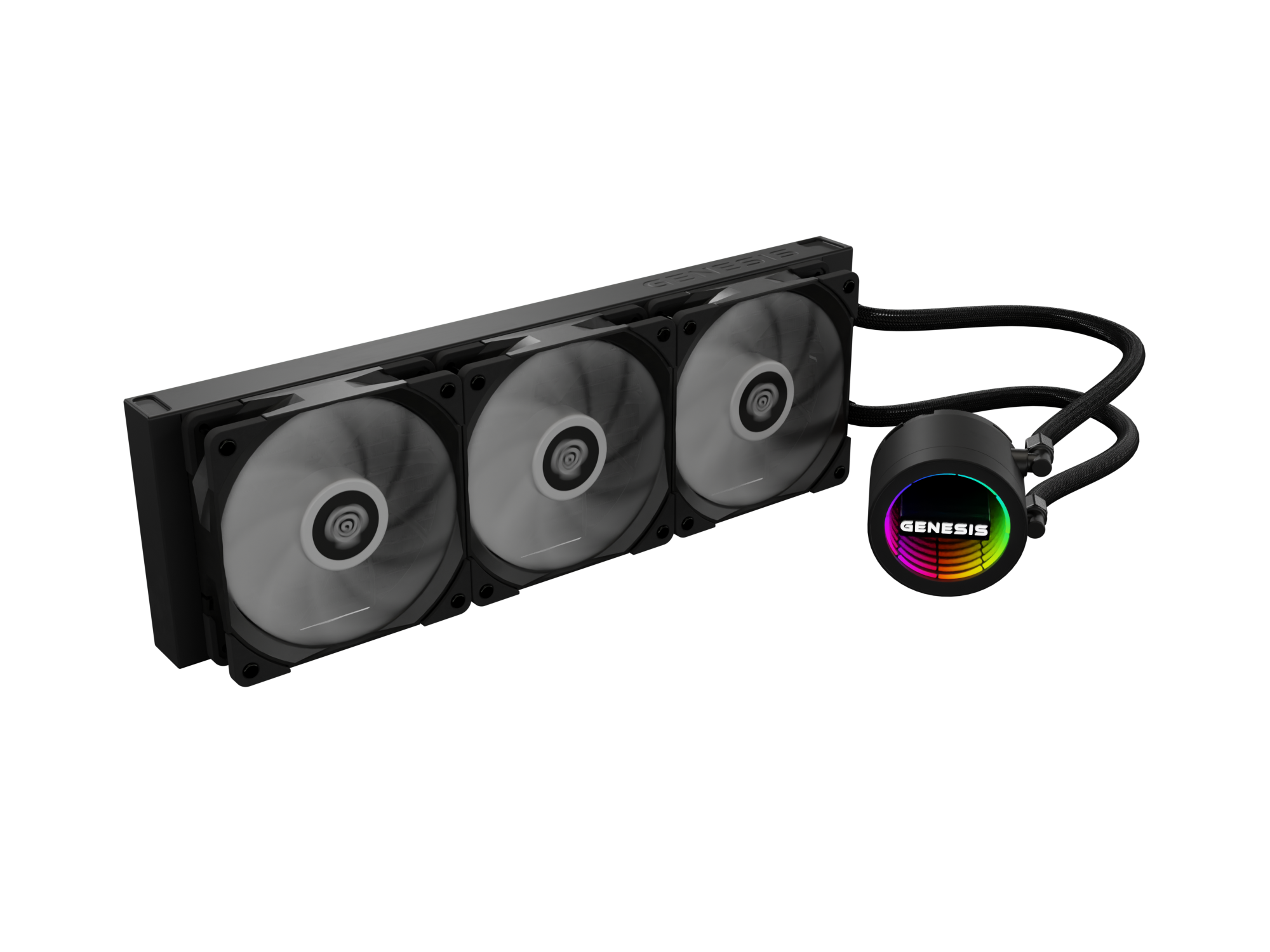 Czarna chłodnica CPU z trzema wentylatorami i podświetlaną obudową pompy RGB.