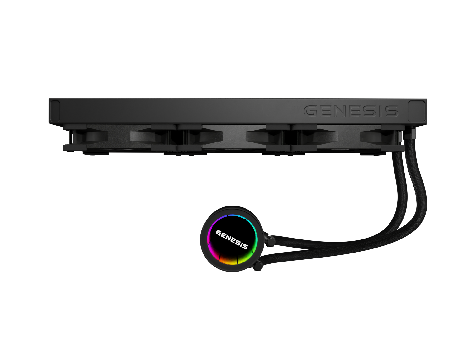 Czarny wentylator PC z podświetleniem RGB i logo GENESIS.