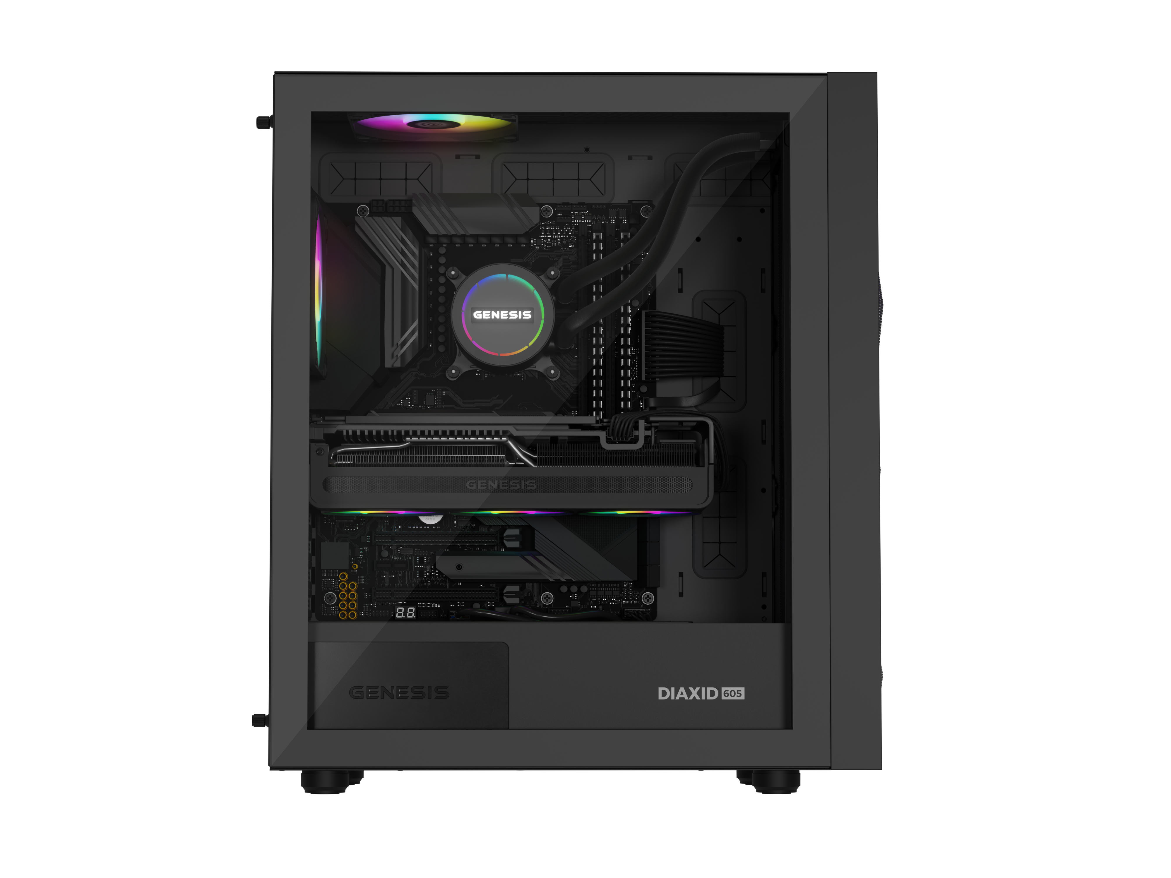 Komputer gamingowy z oświetleniem RGB, chłodzeniem CPU, kartą graficzną i płytą główną.
