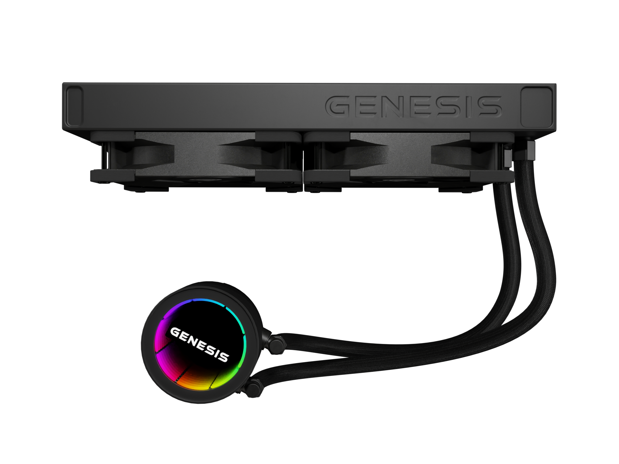 Czarna chłodnica procesora komputera z podświetleniem RGB i logo Genesis.
