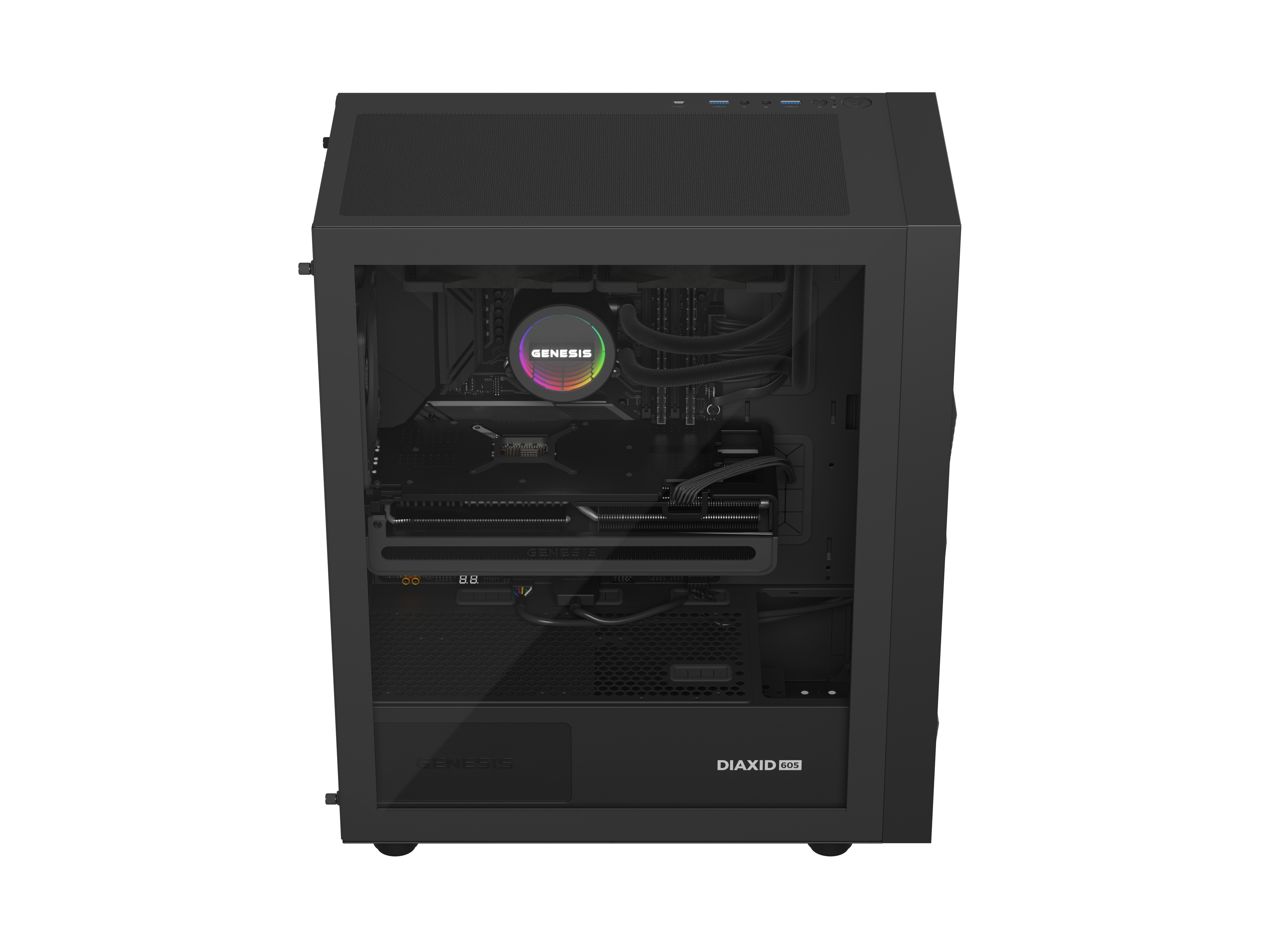Czarna obudowa komputera z przeszklonym bokiem, pokazująca chłodzenie CPU z podświetleniem RGB.