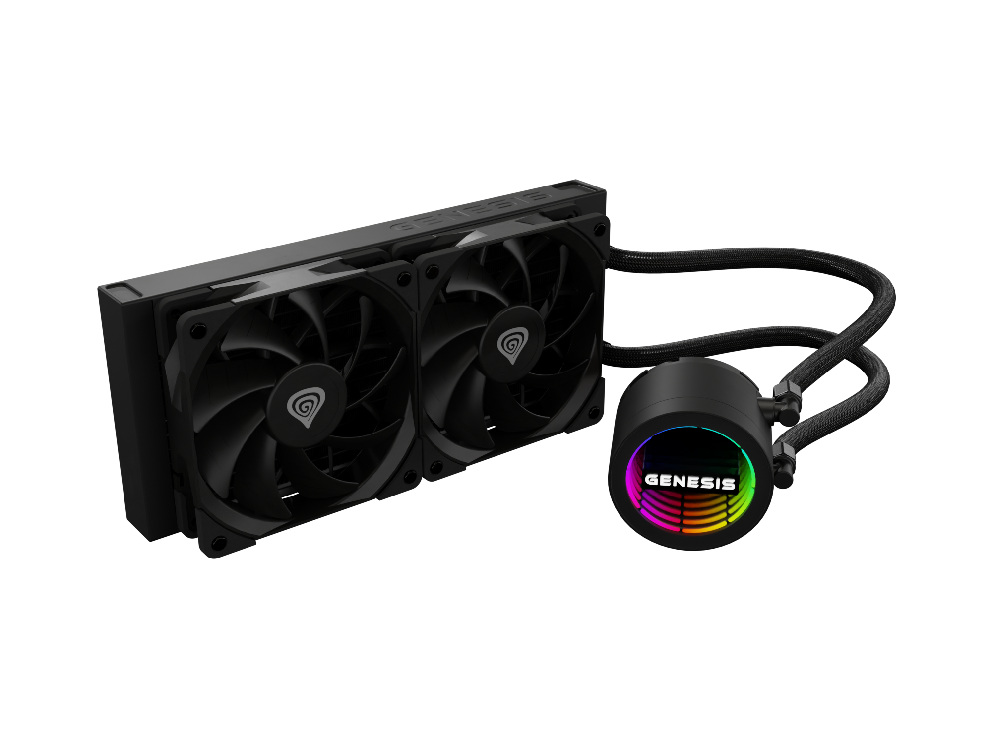 Czarna chłodnica CPU z dwoma wentylatorami i podświetlaną obudową pompy z logo Genesis.