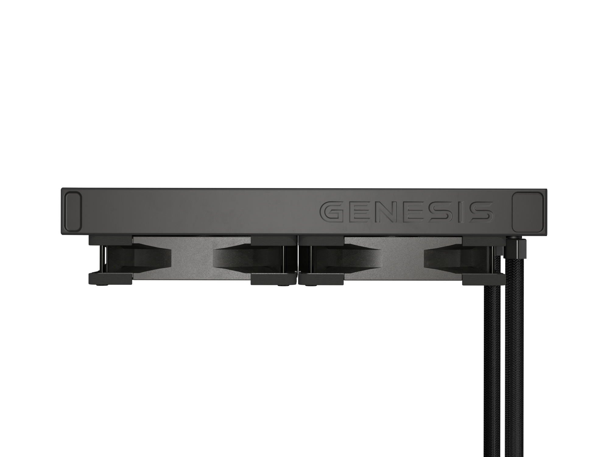 Czarny wentylator z logo "GENESIS" i dwoma rurkami.