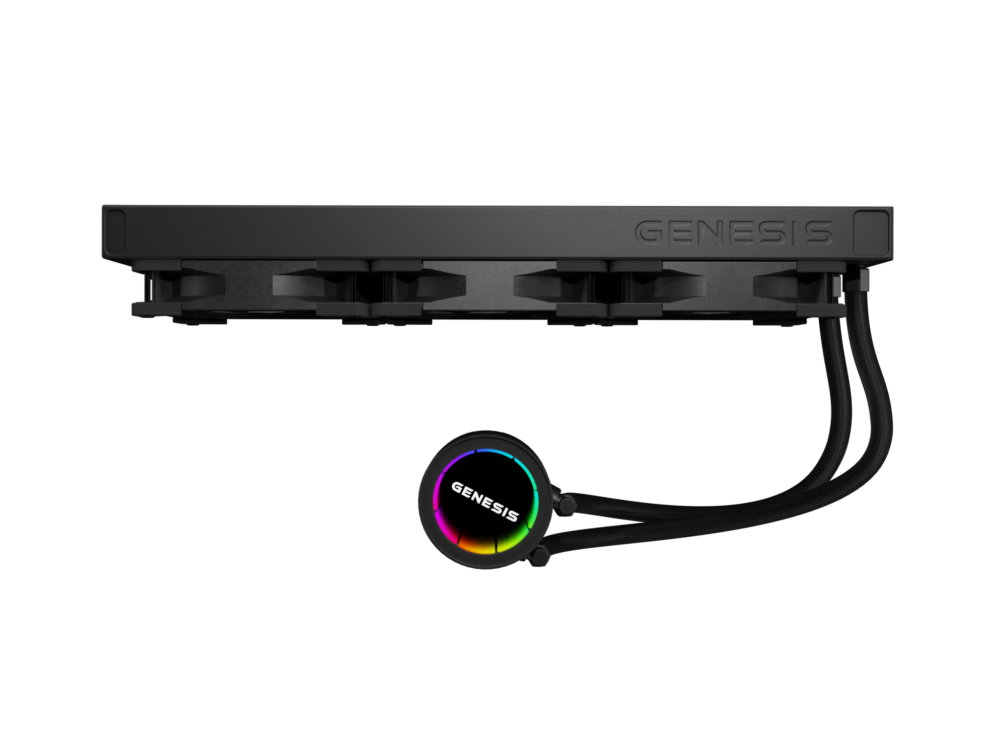 Czarny wentylator PC z podświetlanym logo RGB i wężami.