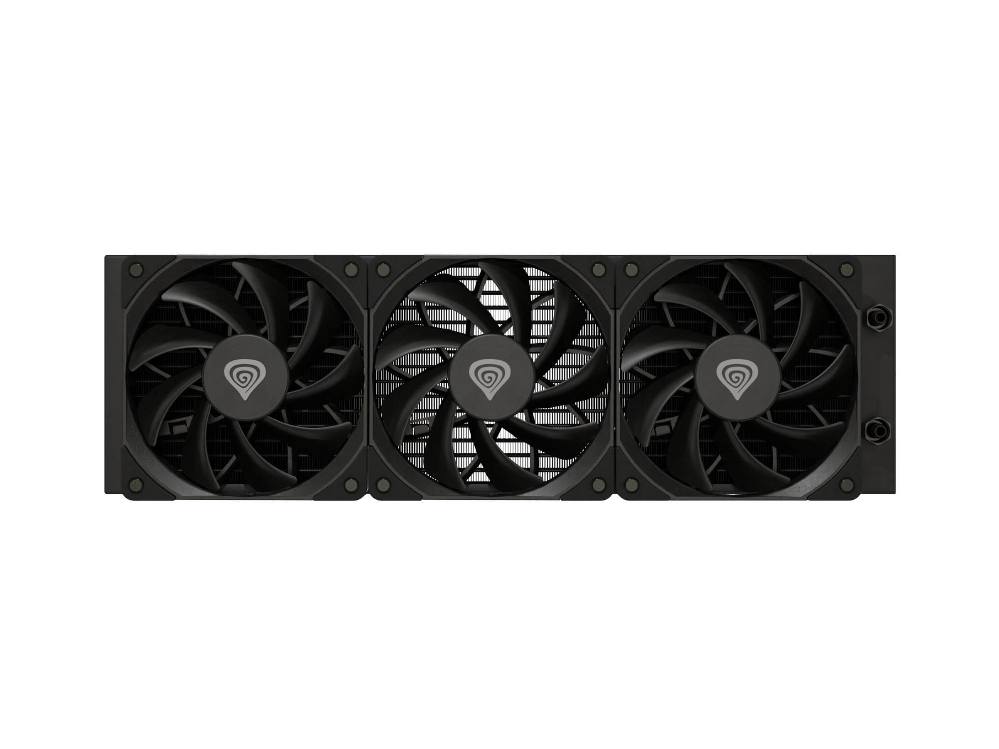 Czarny wentylator PC w trzech rzędach z logo Genesis na czarnym tle.