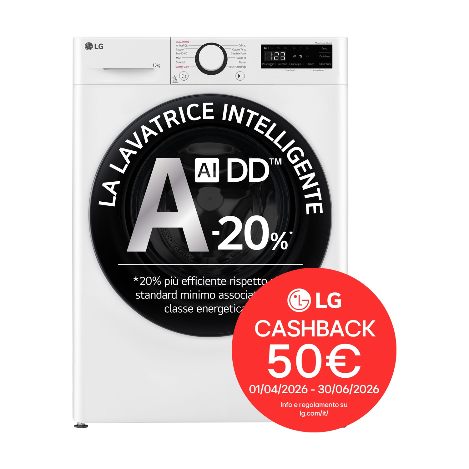 Lavatrice LG bianca con classe energetica A e cashback di 50€.