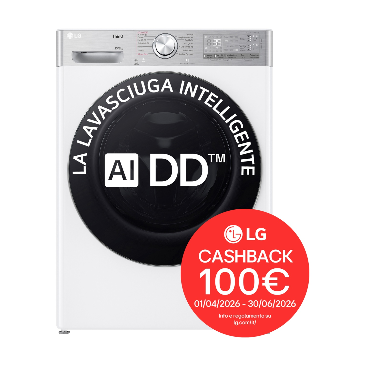 Lavatrice LG bianca con oblò nero e adesivo rosso cashback.