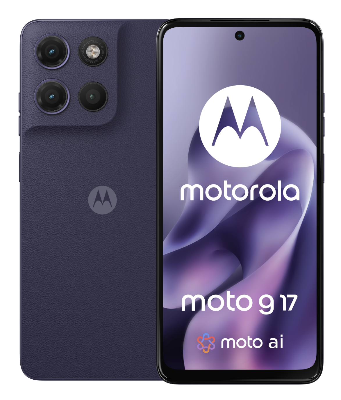 Ciemnofioletowy Motorola Moto G 17 z trzema aparatami z tyłu.