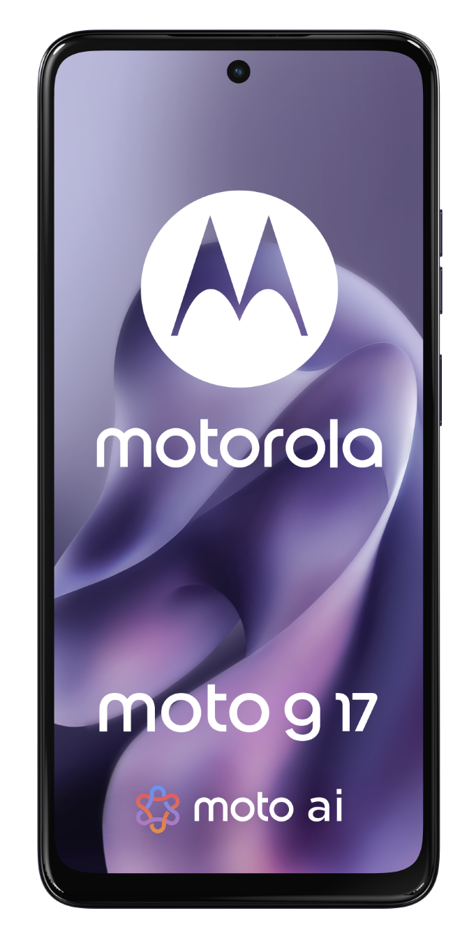 Smartfon Motorola Moto G17 z logo Moto AI na fioletowym tle.