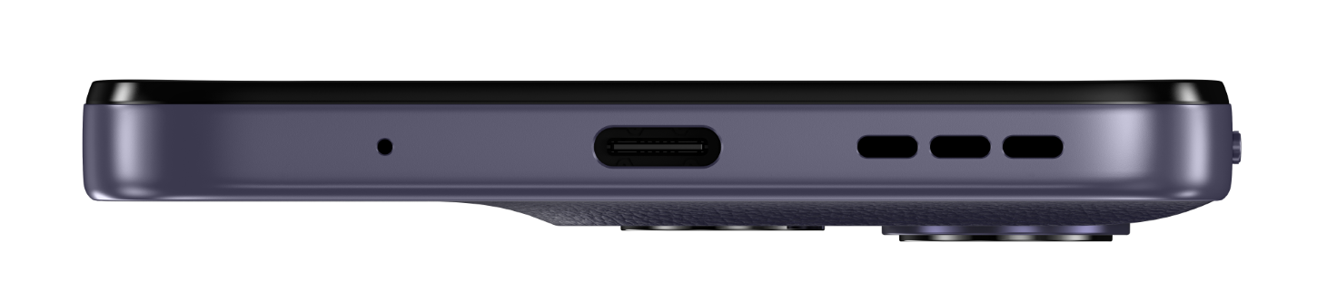 Dolna krawędź fioletowego smartfona z portem USB-C, mikrofonem i maskownicami głośników.