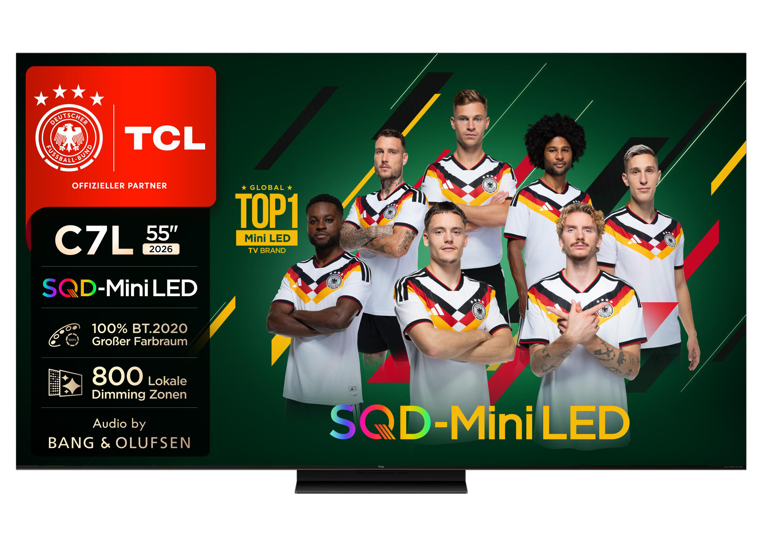 TCL C7L 55" Fernseher mit deutschen Fußballspielern und "TOP1 Mini LED TV BRAND".