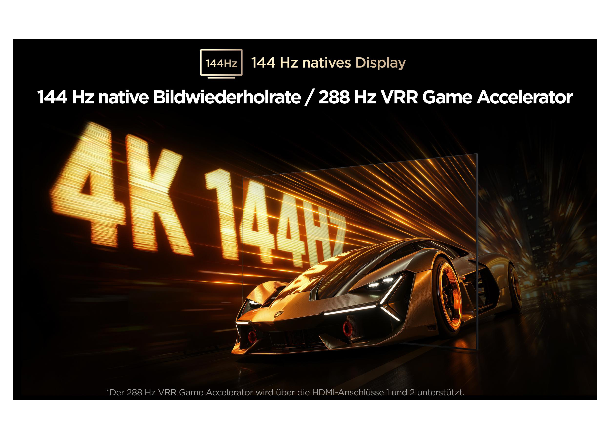 Ein futuristisches Auto in einem Tunnel mit leuchtendem 4K 144Hz Text. 144Hz natives Display.