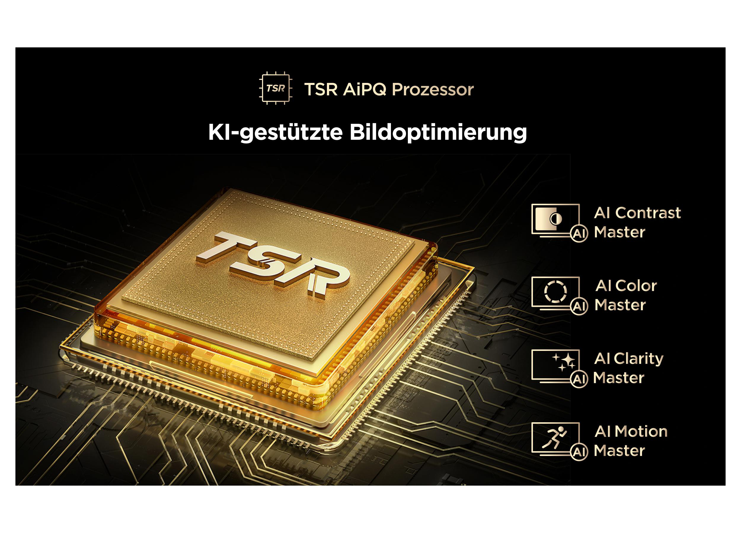 Ein goldener TSR AiPQ Prozessor mit KI-Funktionen auf dunklem Hintergrund.