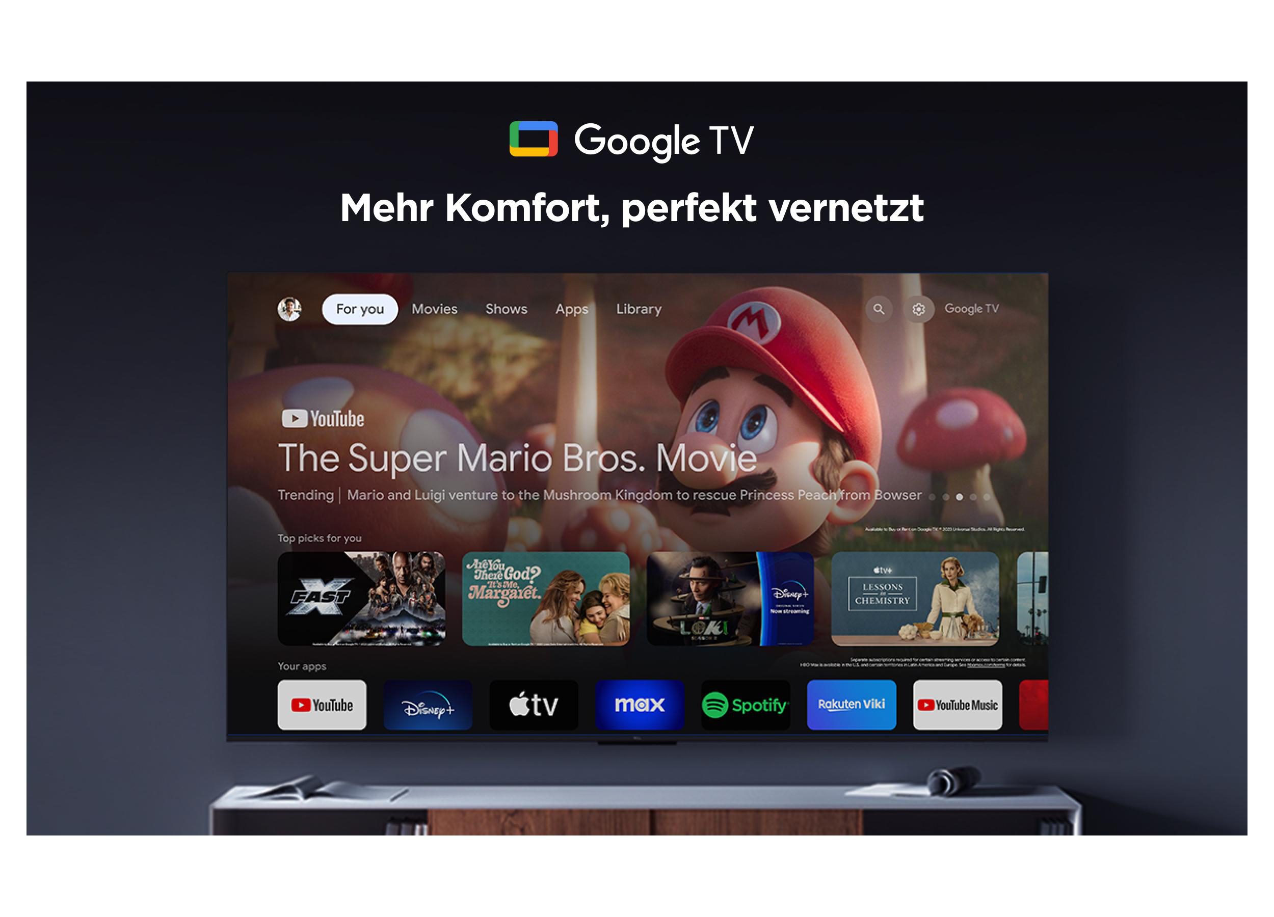 Google TV-Startbildschirm mit Super Mario Bros. Film und App-Icons.