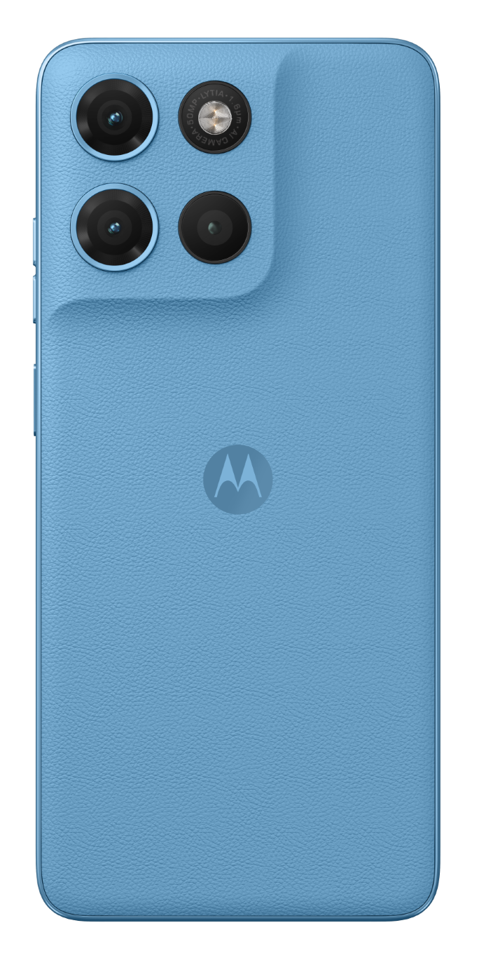 Tył niebieskiego smartfona z trzema aparatami i logo Motorola.