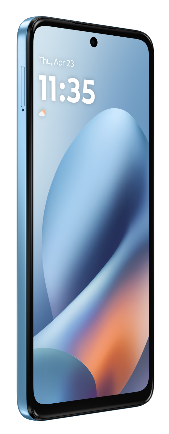 Jasnoniebieski smartfon z abstrakcyjną tapetą na ekranie blokady.