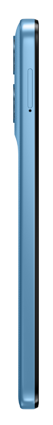Widok z boku jasnoniebieskiego smartfona z czarnymi akcentami i przyciskami.
