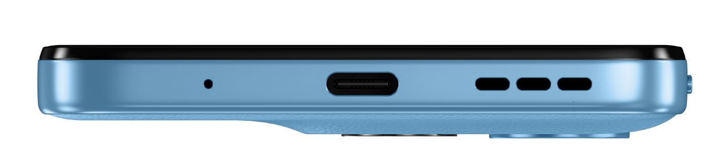 Niebieski smartfon z portem USB-C, mikrofonem i maskownicami głośników.