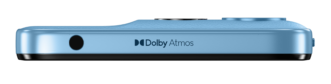 Niebieskie urządzenie z logo Dolby Atmos i gniazdem słuchawkowym.