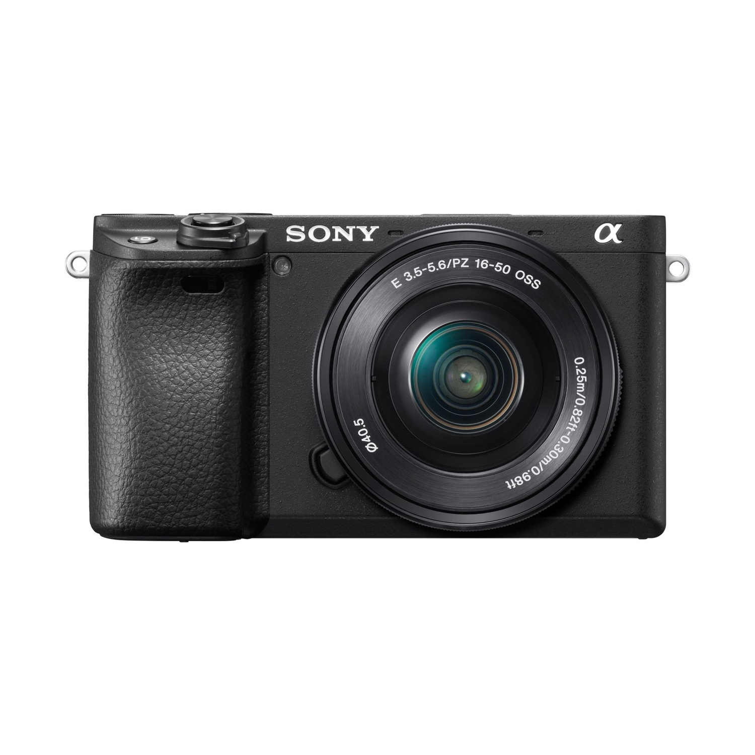 Una fotocamera digitale Sony Alpha nera con obiettivo.