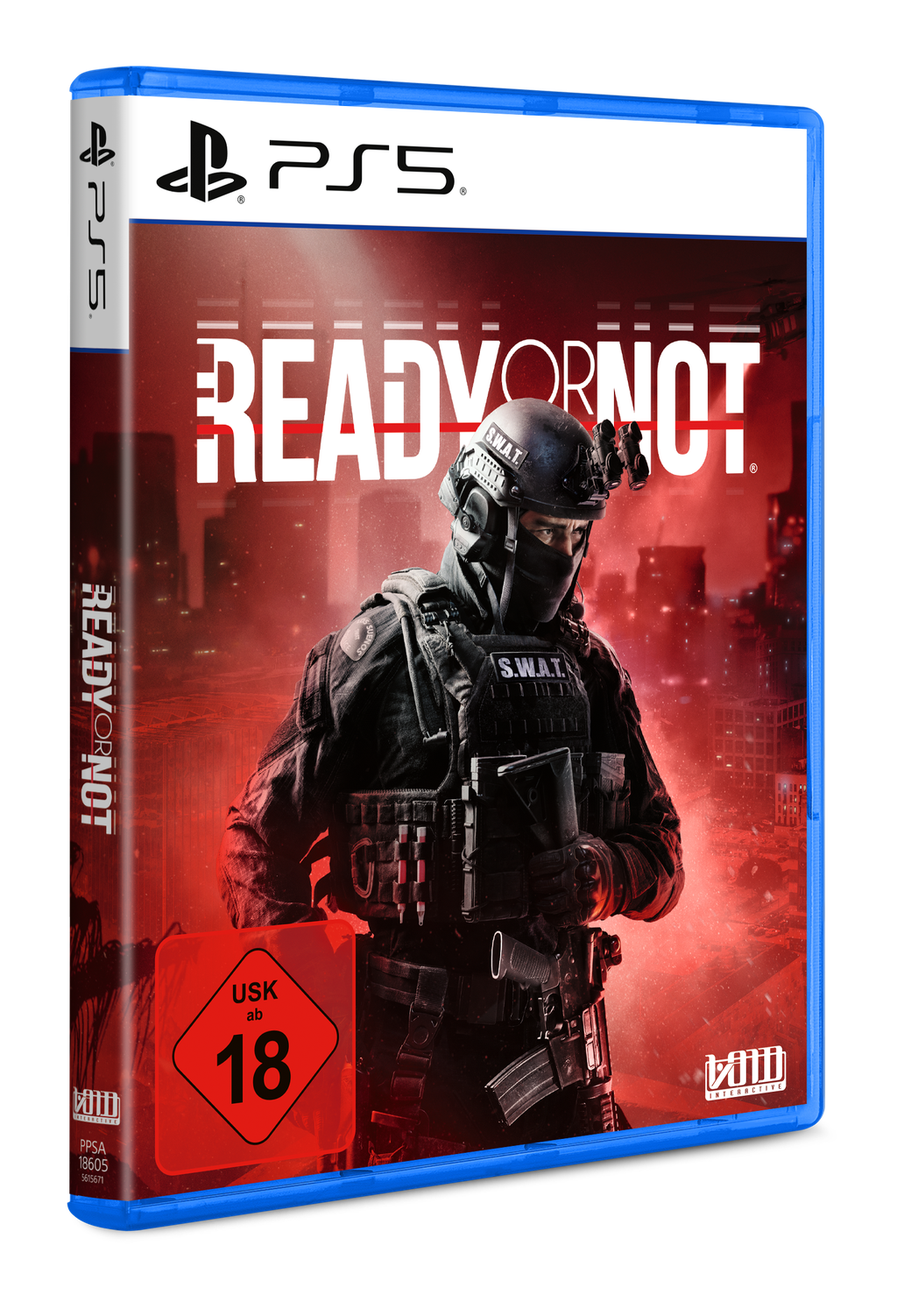 PS5 Spielcover: SWAT-Beamter mit Waffe vor rotem Stadtbild. USK 18.