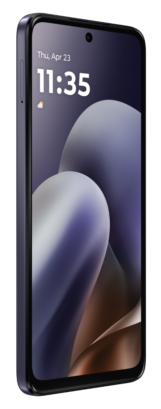 Ciemny smartfon z niebieską obudową i abstrakcyjnym tłem na ekranie.