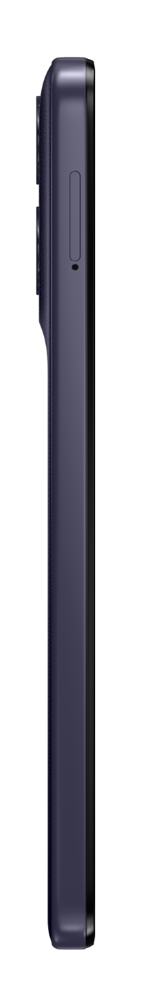 Ciemnoniebieski smartfon w profilu z przyciskami głośności i aparatem.