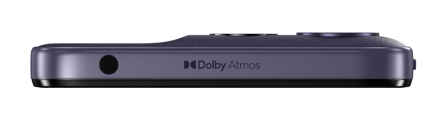 Fioletowe urządzenie z logo Dolby Atmos i gniazdem słuchawkowym.