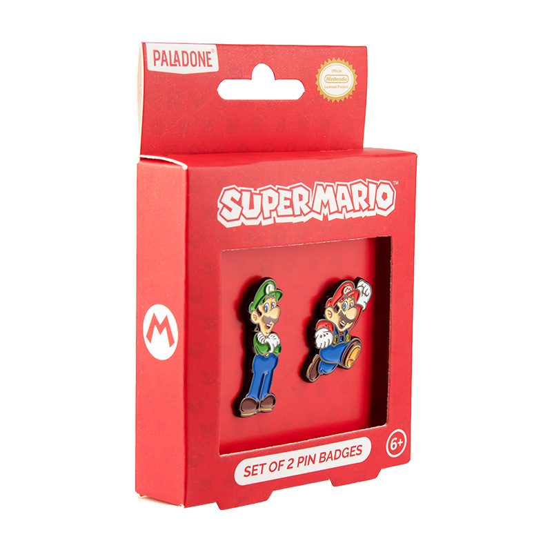 Super Mario-Set mit 2 Ansteckern: Luigi und Mario auf roter Verpackung.
