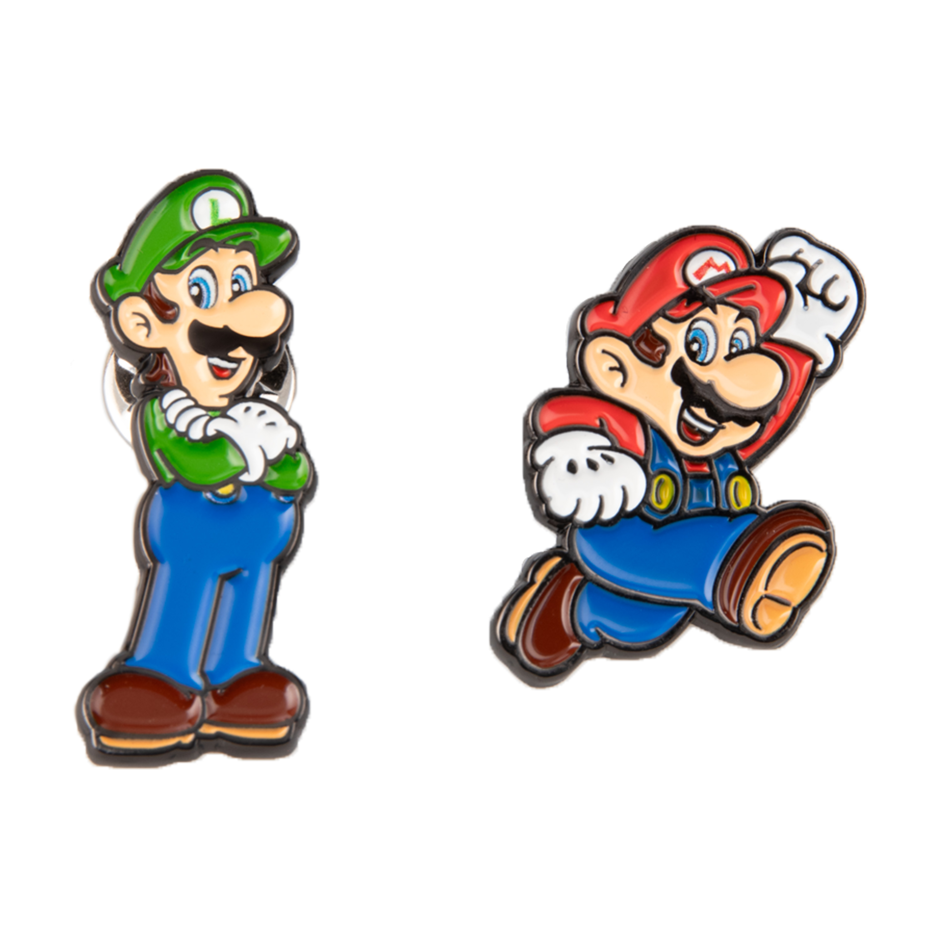 Zwei Mario-Charaktere: Luigi steht links, Mario springt rechts.