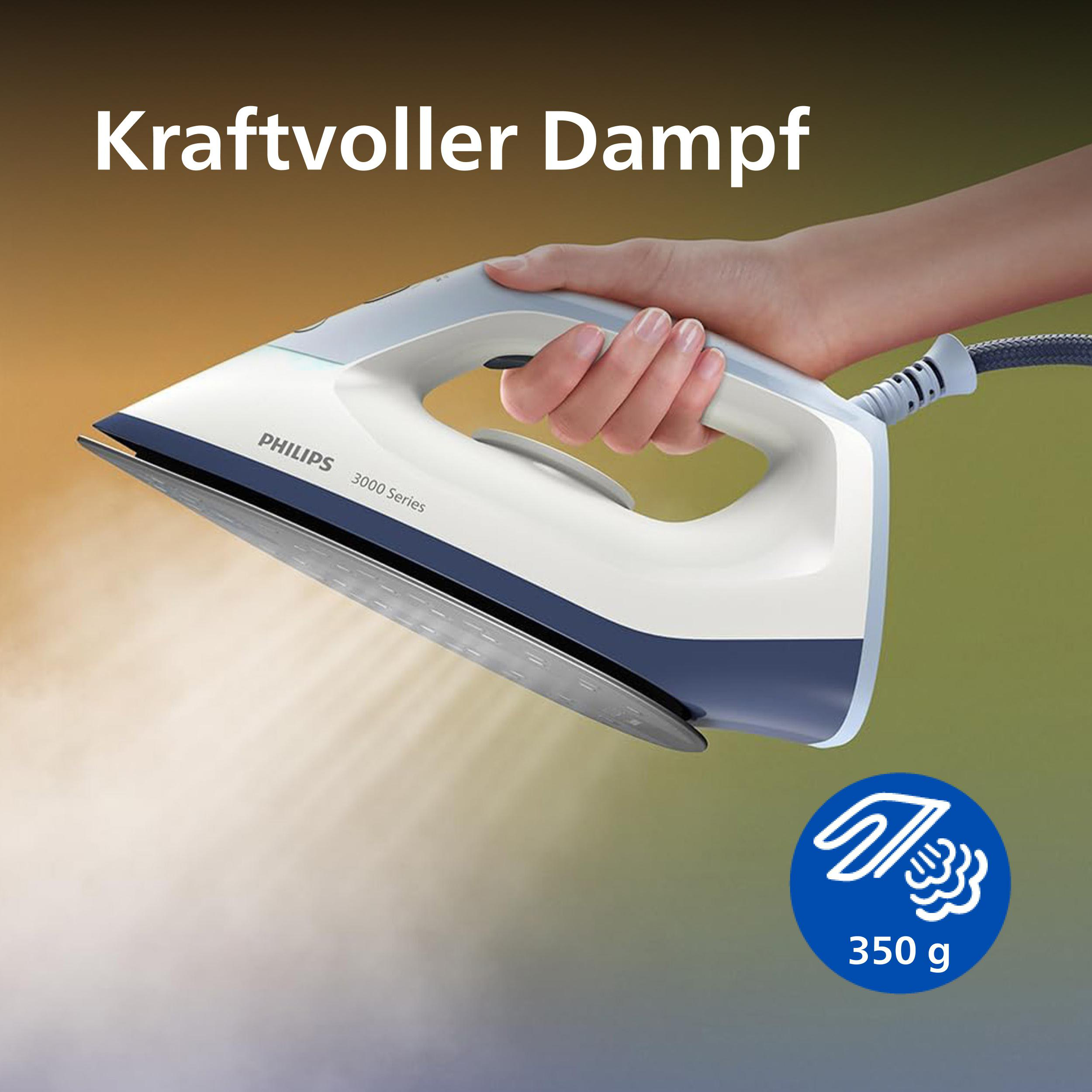Eine Hand hält eine weiße und blaue Philips Dampfbügelsohle mit Dampfaustritt.