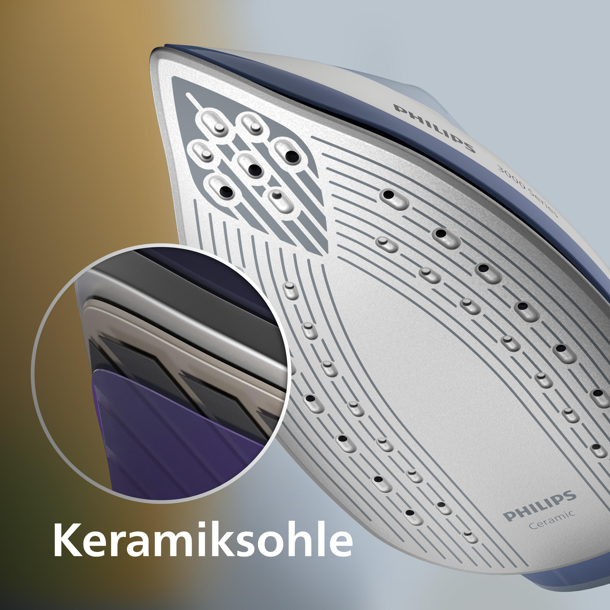 Nahaufnahme einer Bügelsohle mit Dampflöchern und dem Philips Ceramic Logo.