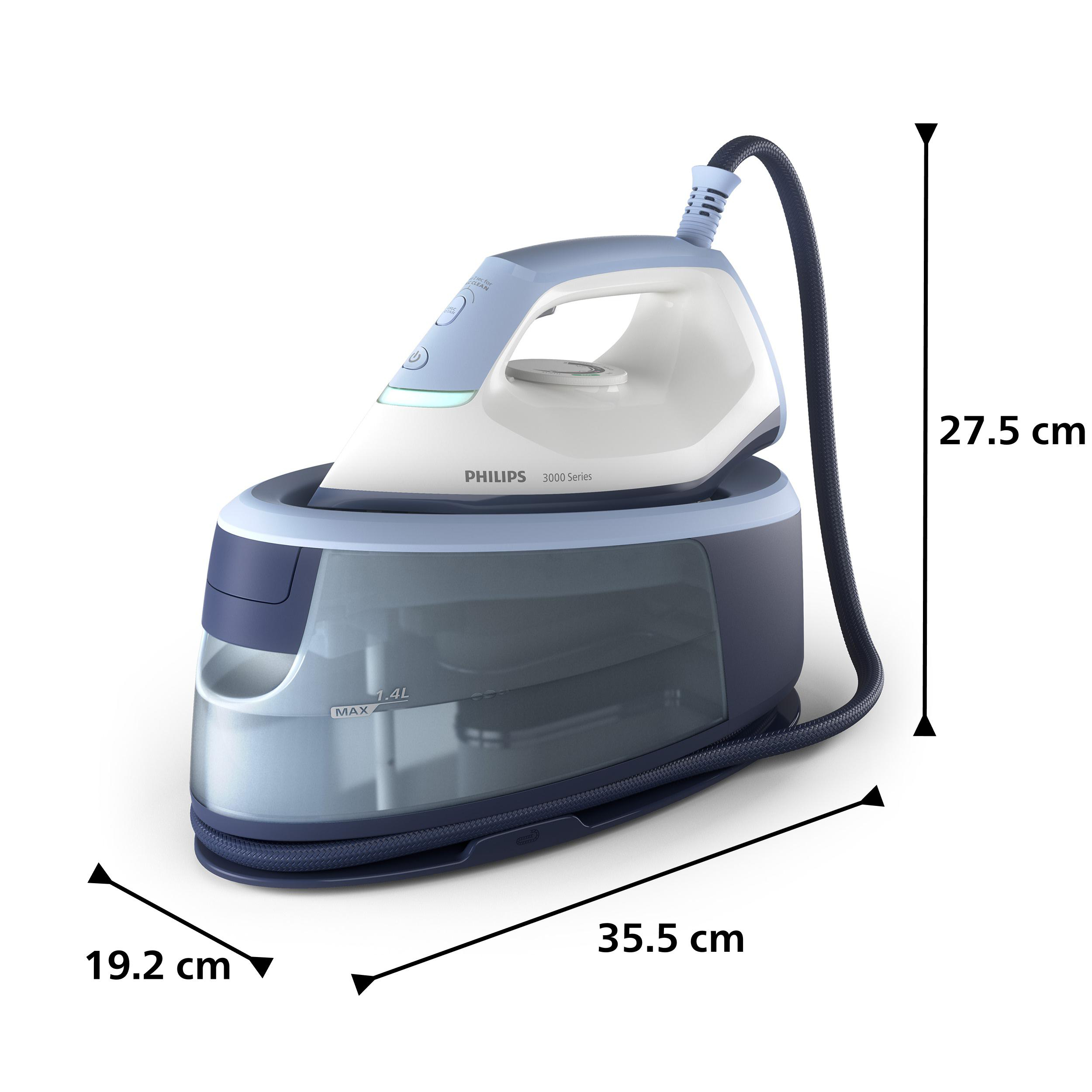 Eine Philips 3000 Series Dampfbügelstation mit blauem und weißem Gehäuse, 1,4L Wassertank.