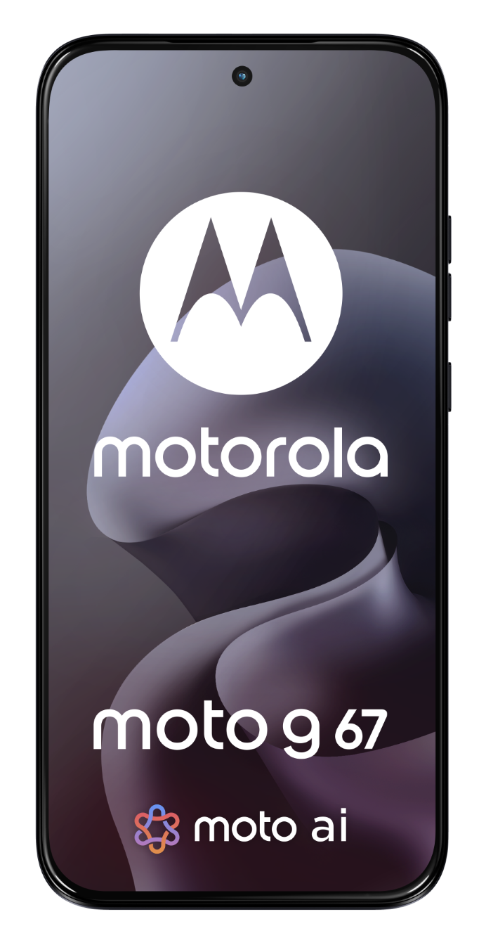 Logo Motorola, napis, Moto G 67 i Moto AI na ekranie smartfona.
