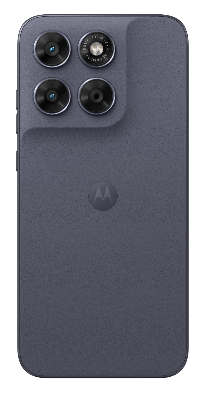 Tył szarego smartfona z czterema aparatami i logo Motorola.